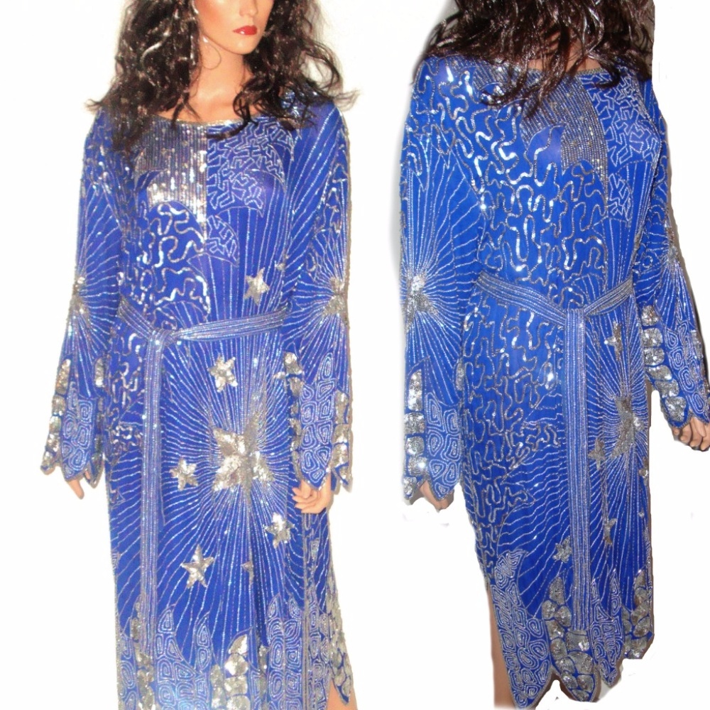 VTG. 80s MAGICAL SPIDERWEB & STARS SILK DRESS